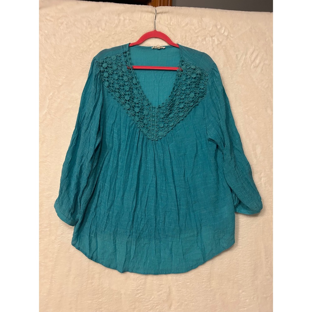 Indigo Soul‎ Teal Blue Crinkle Gauze Crochet Lace V-Neck Boho Blouse Top 2XL